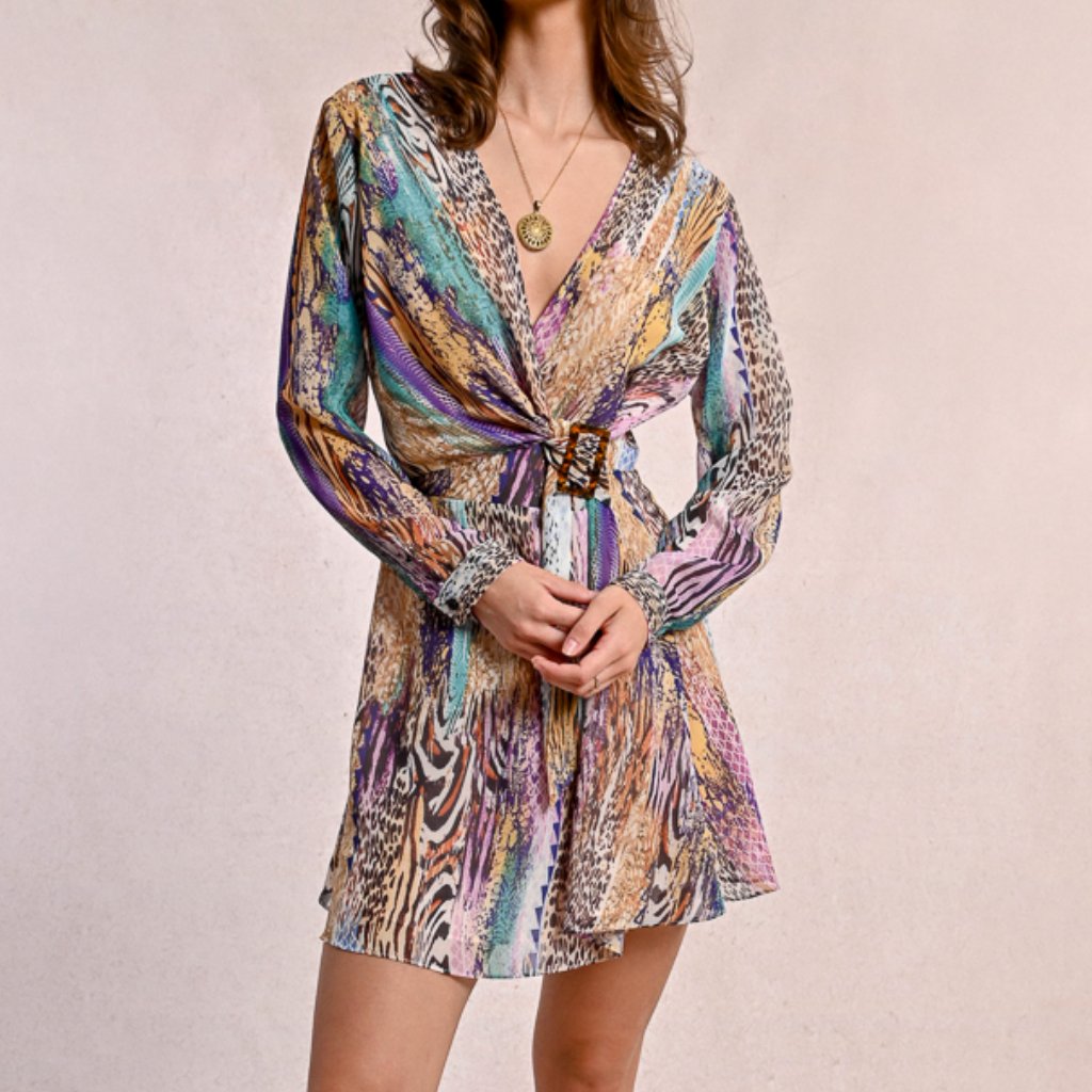 Nwt Molly Bracken Multicolor Paola Dress Chic & Vibrant Wrap Mini